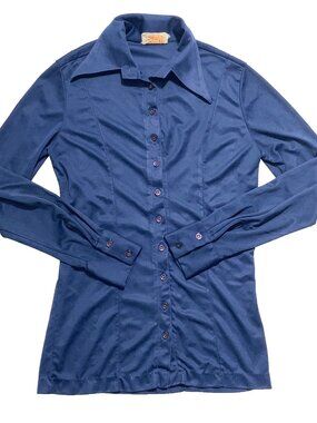VTG 1950s 1960s Elite Blue Secretary Satin Blouse Shirt Hong Kong Mid-Century